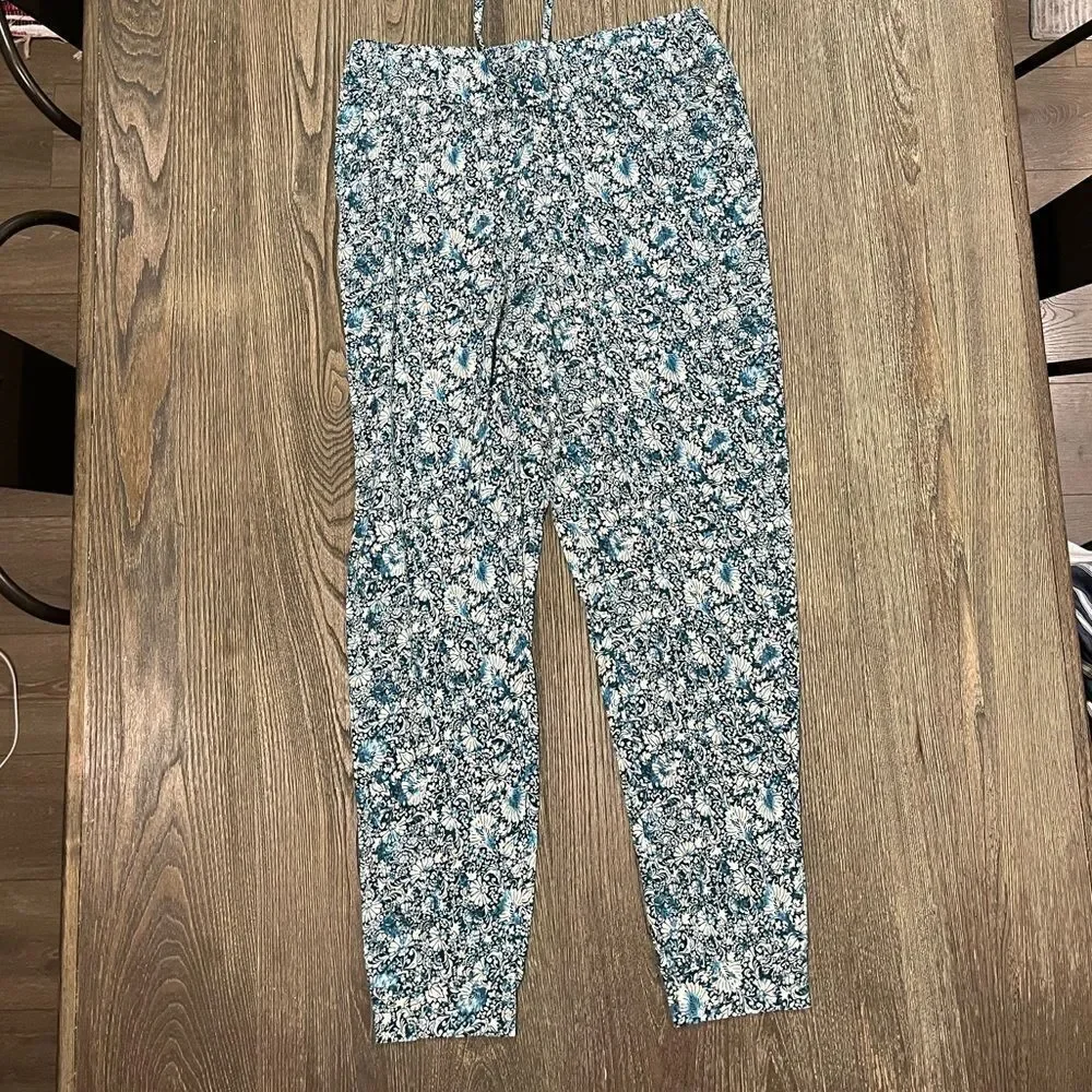 NWOT J. Jill Jogger Pants Floral High Rise Elastic Waist Blue White Size S